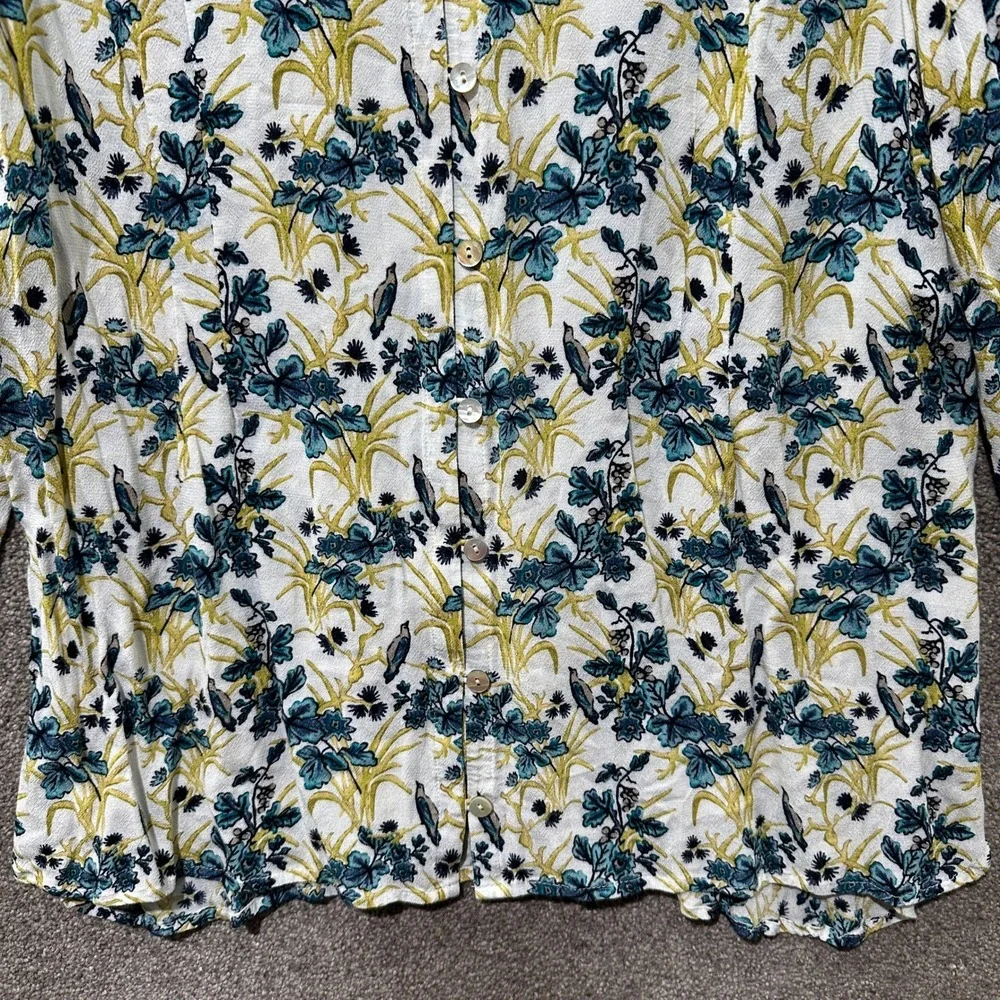 J Jill Button Up Blouse Top Womens Medium Floral Bird Print Rayon Cottage Nature